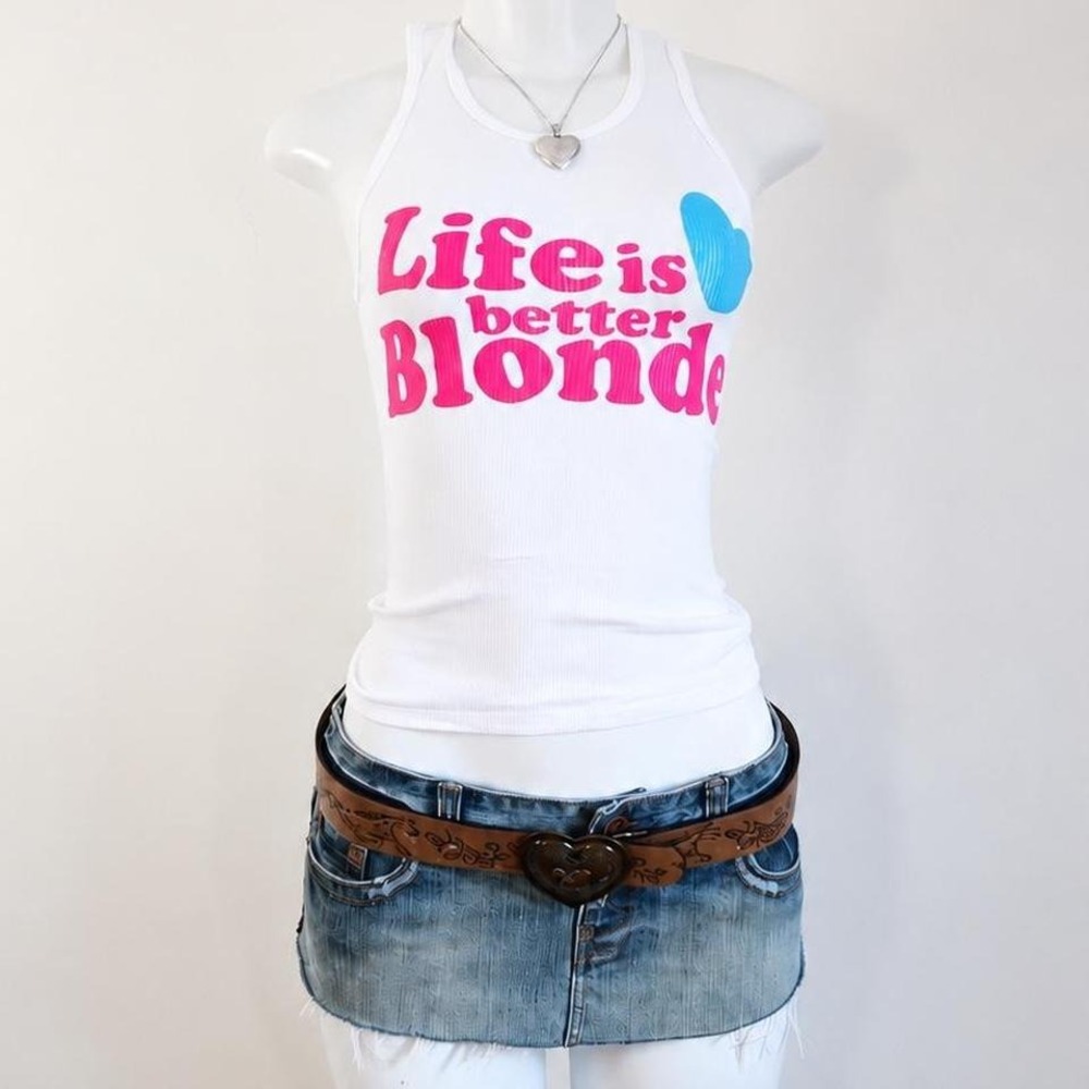 y2k life is better blonde graphic tank white ribbed tank size XS